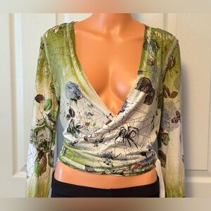 Raw 7 Crop Wrap Top Spider Design Wide Sleeves Size Medium